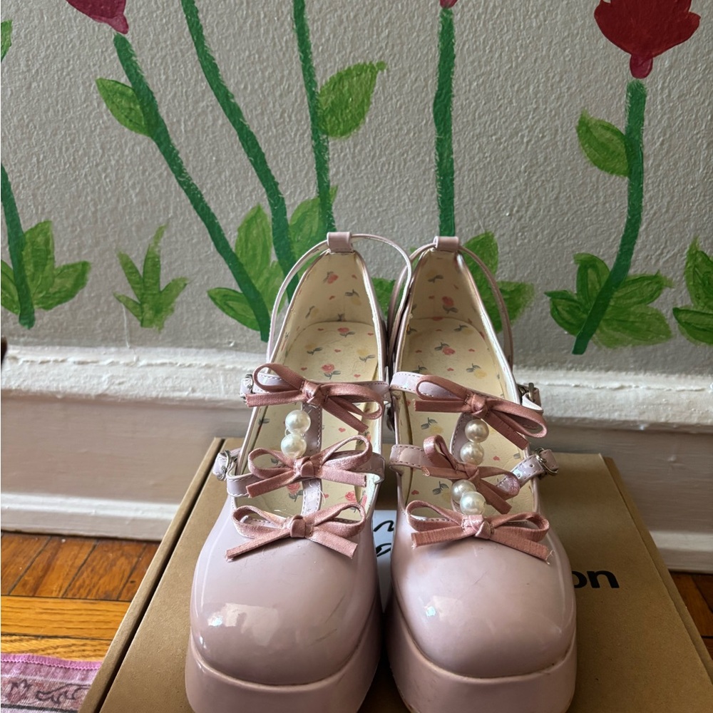 Lolita Pink Platform Mary Jane Shoes with Bows and Pearls